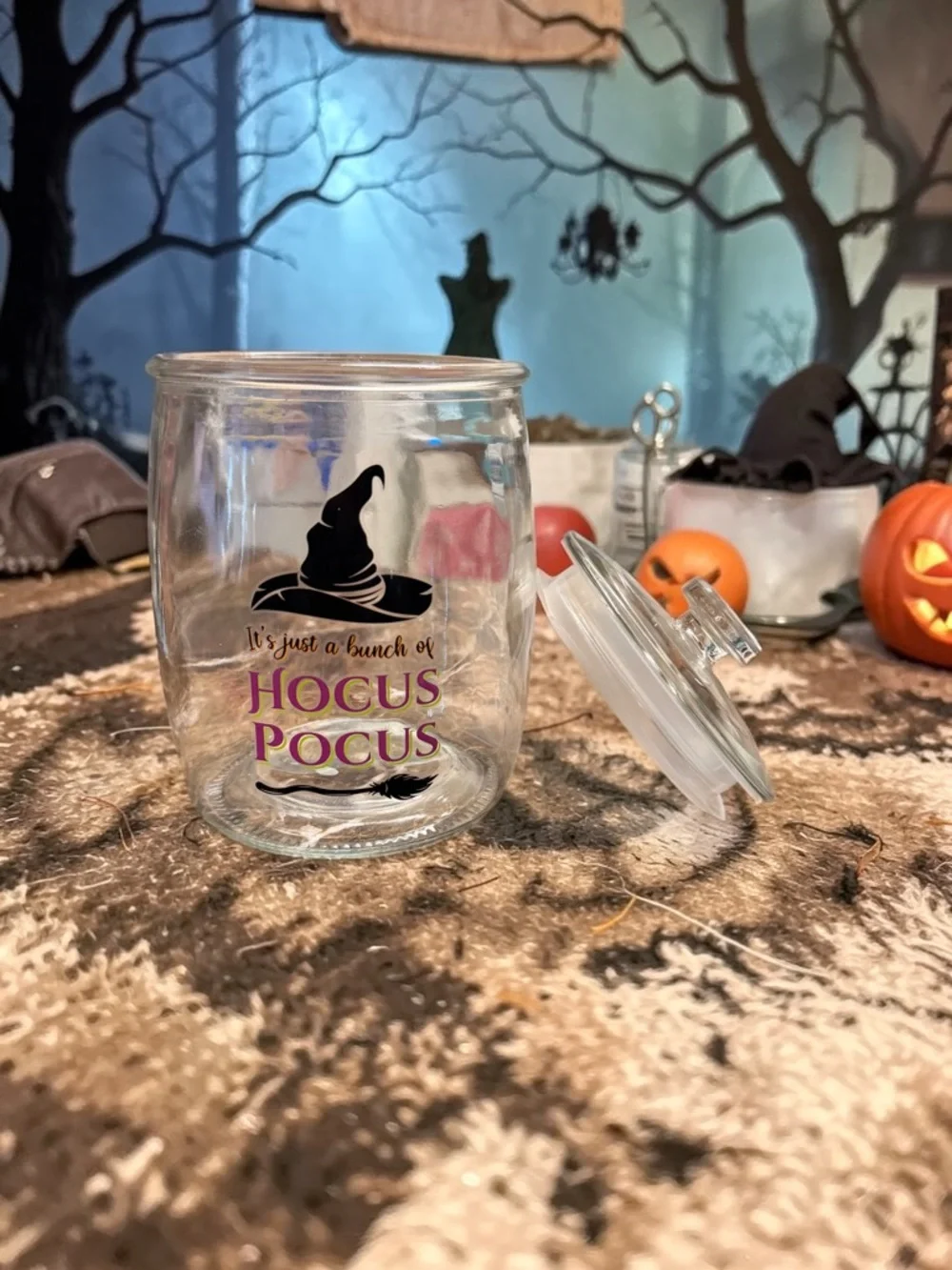 🎃🧙🧹Hocus Pocus Cookie Clear Glass Cookie 🍪 Jar With Lid 🧙🧹🎃